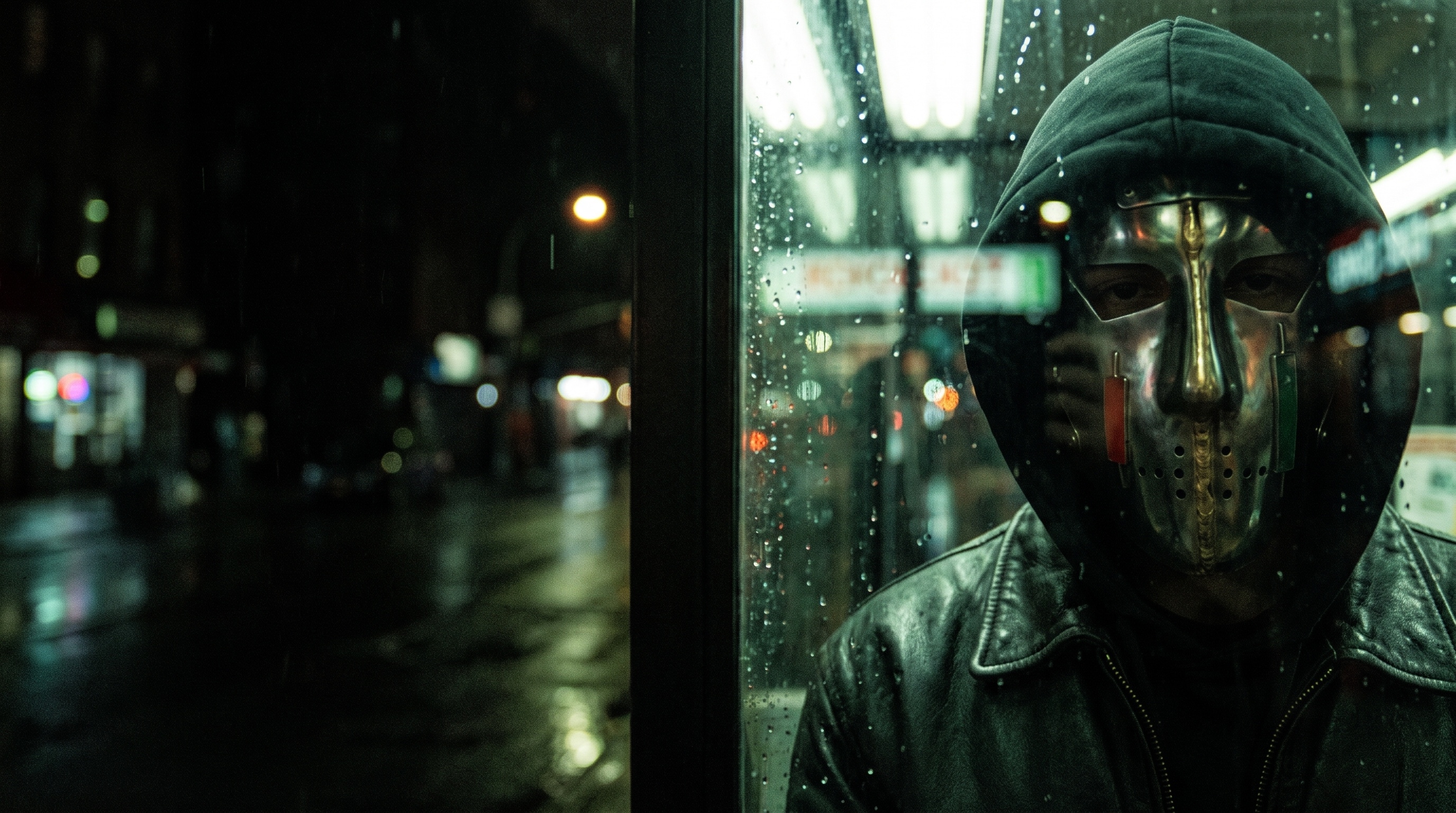 Stonkface's steel mask catches green light behind rain-covered glass