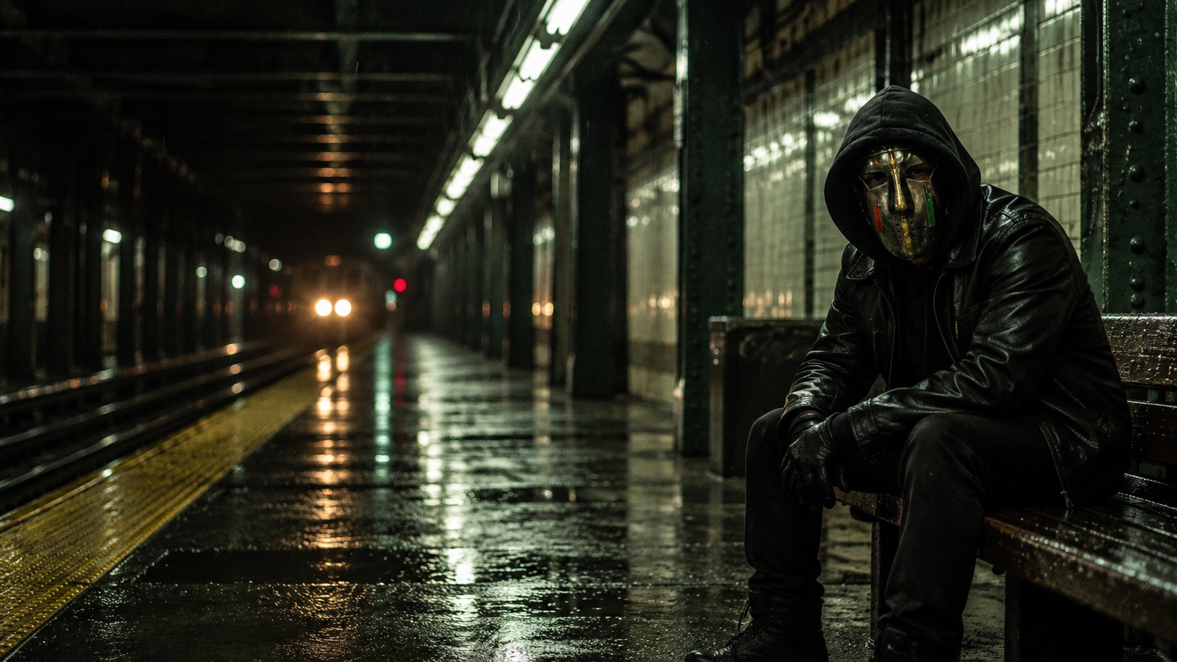 Stonkface seated alone on an empty green-lit subway platform