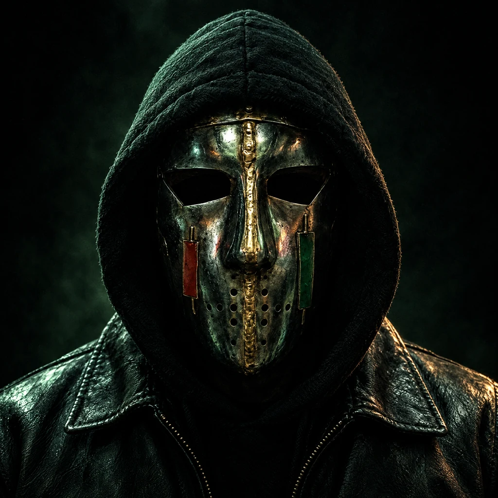 Stonkface in a black hood, with red and green marks on his split steel mask