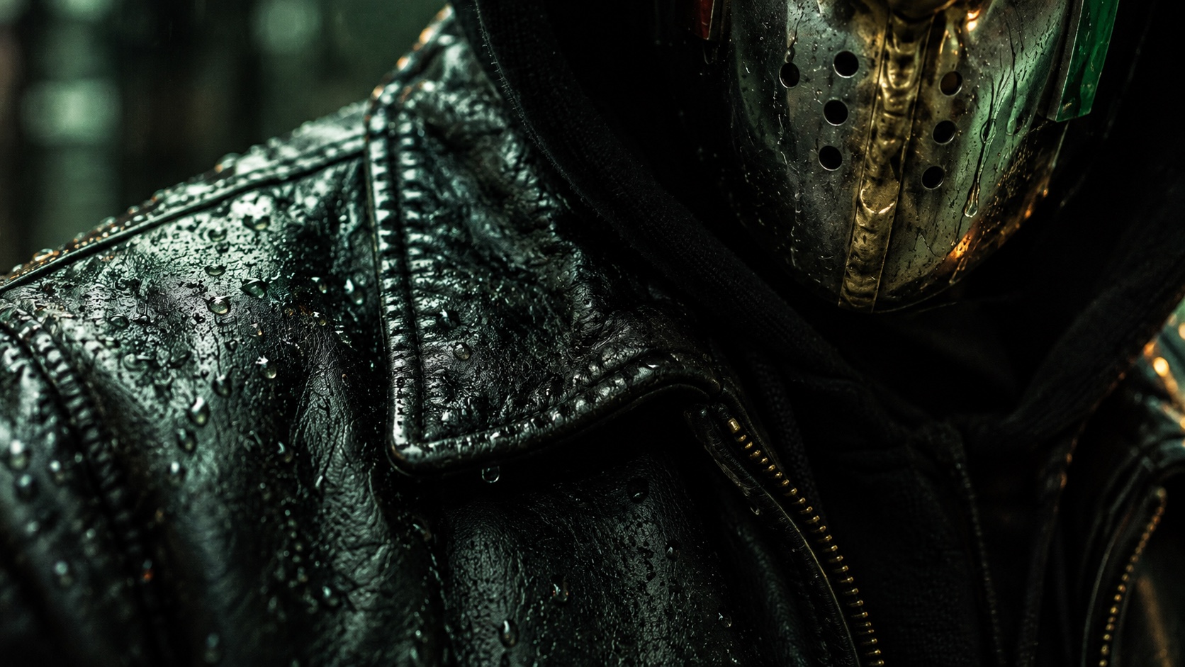 Rain beads on black leather beside the brass seam of Stonkface’s steel mask