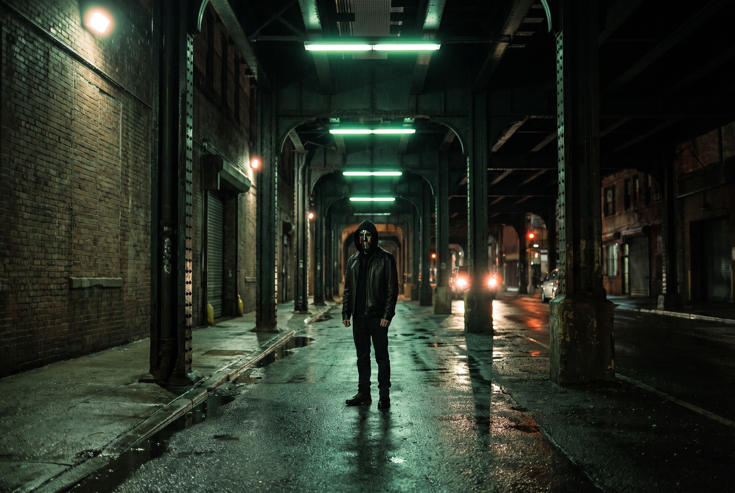 A hooded Stonkface alone beneath elevated tracks on a rain-soaked street